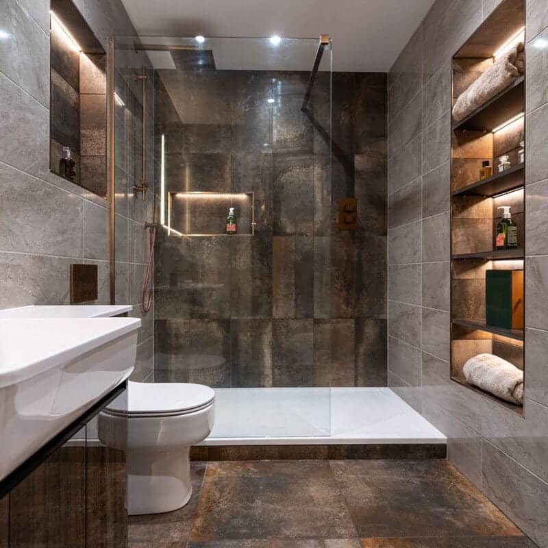 Luxury bathroom remodel in Bellevue featuring modern vanity, glass shower, and elegant tile design